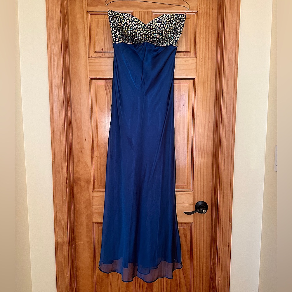 Prom dress, size 6, worn once, blue with sequence, open back with mini train